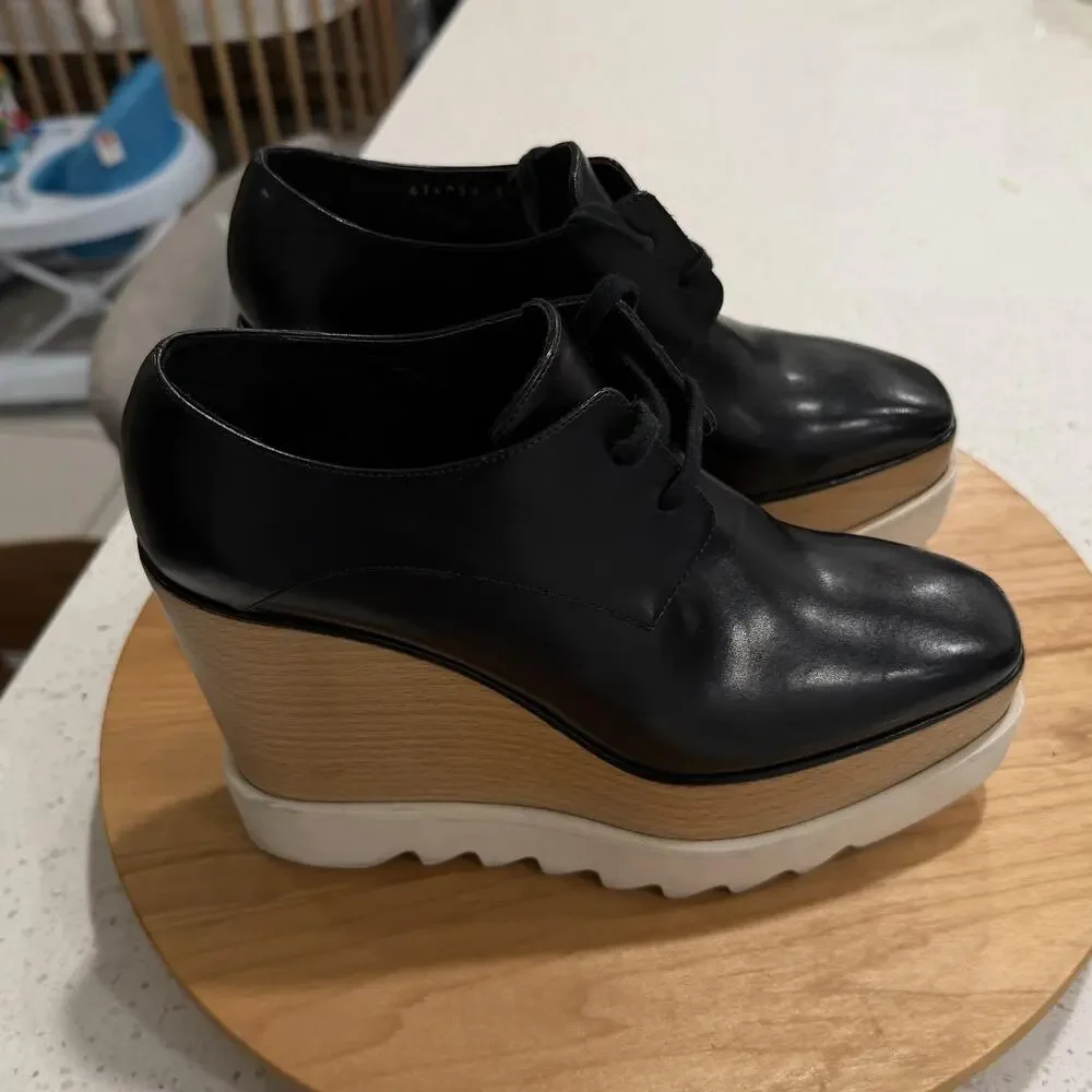 Stella McCartney Heels 7 Elyse Platform Wedge Square Toe Black Office Chic Italy